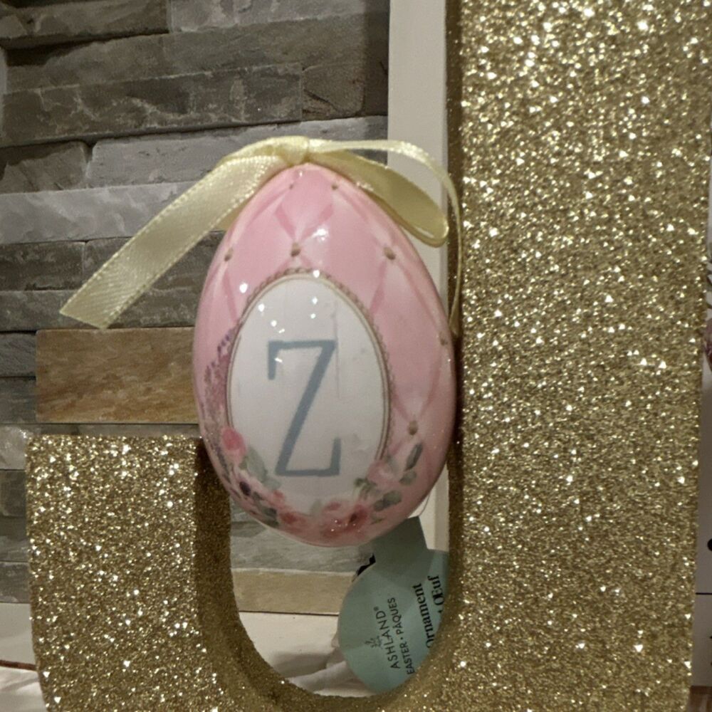 Ashland Egg Ornament Pink White Gold Easter Monogram Z